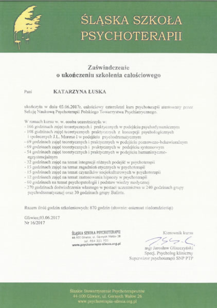 Certyfikat Śląska Szkoła Psychoterapii ukończenie kursu całościowego Psycholog Jastrzębie Zdrój