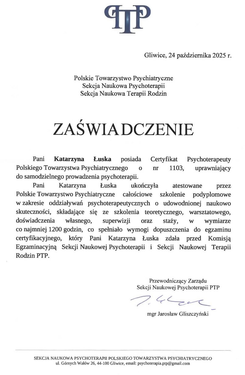 zaświadczenie psychoteraupety